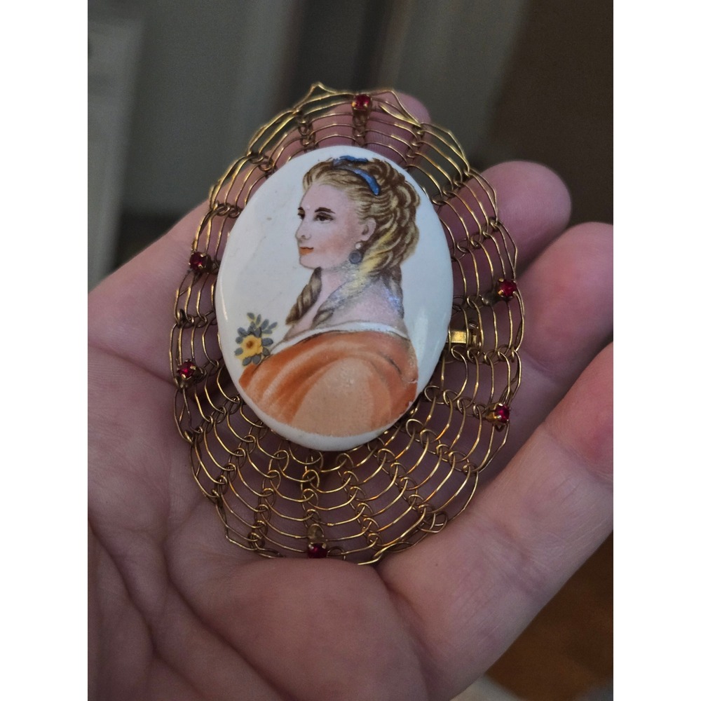 Limoges Style Handpainted Porcelain Filagree Cameo Brooch Red Crystals Vintage